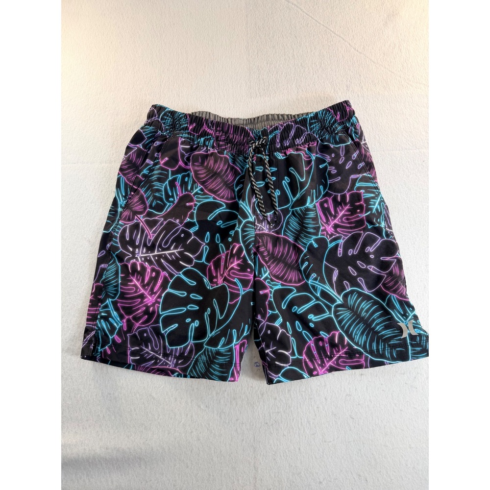 Hurley Mens Small Board Shorts Neon Tropical Leaf Print Black Blue Purple Swim